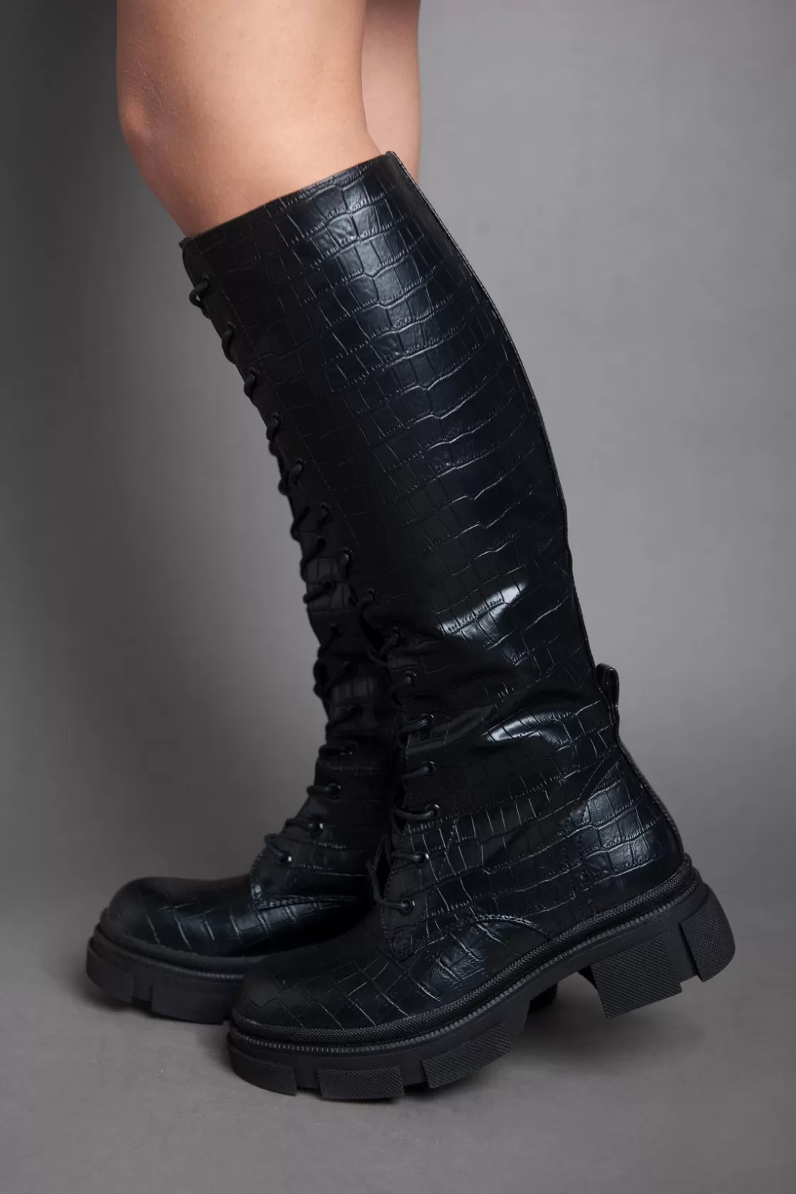 Boots*BREE Croc Leather High Boot - Black