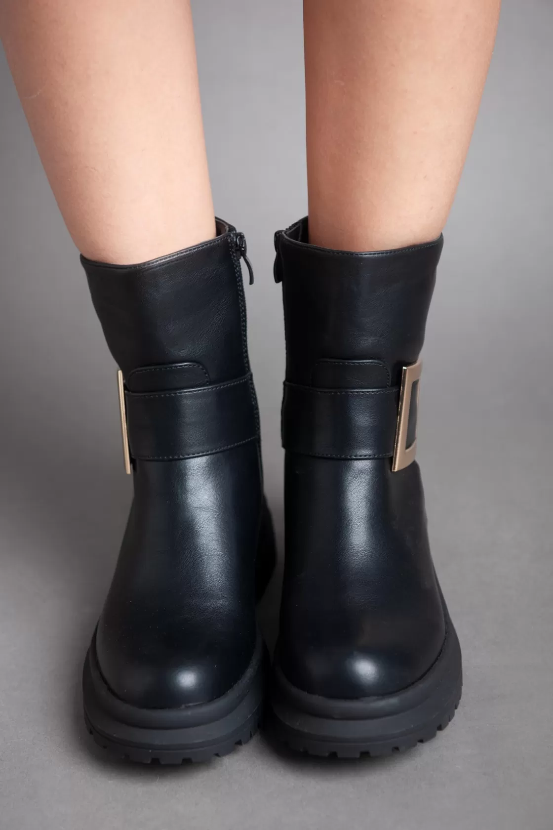 Boots*BREE Golden Square Strap Half Boot - Black