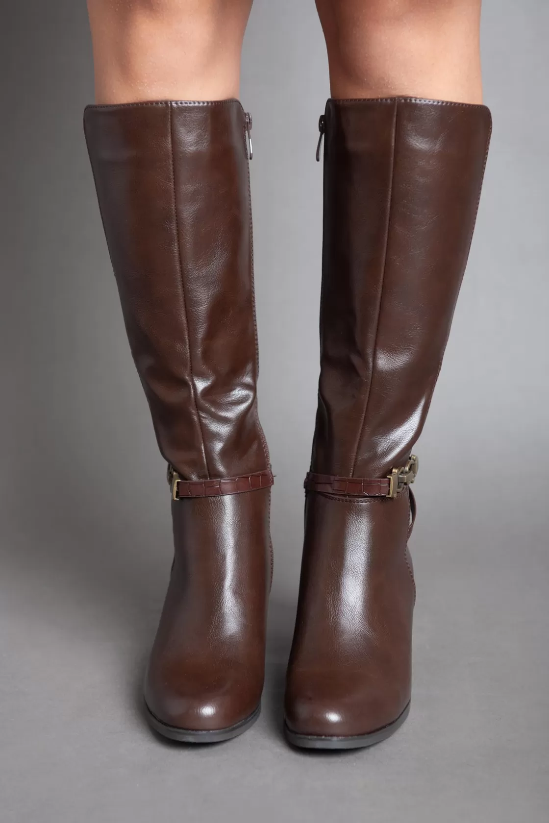 Boots*BREE Leather Strap With Chains - Knee Boot - Brown