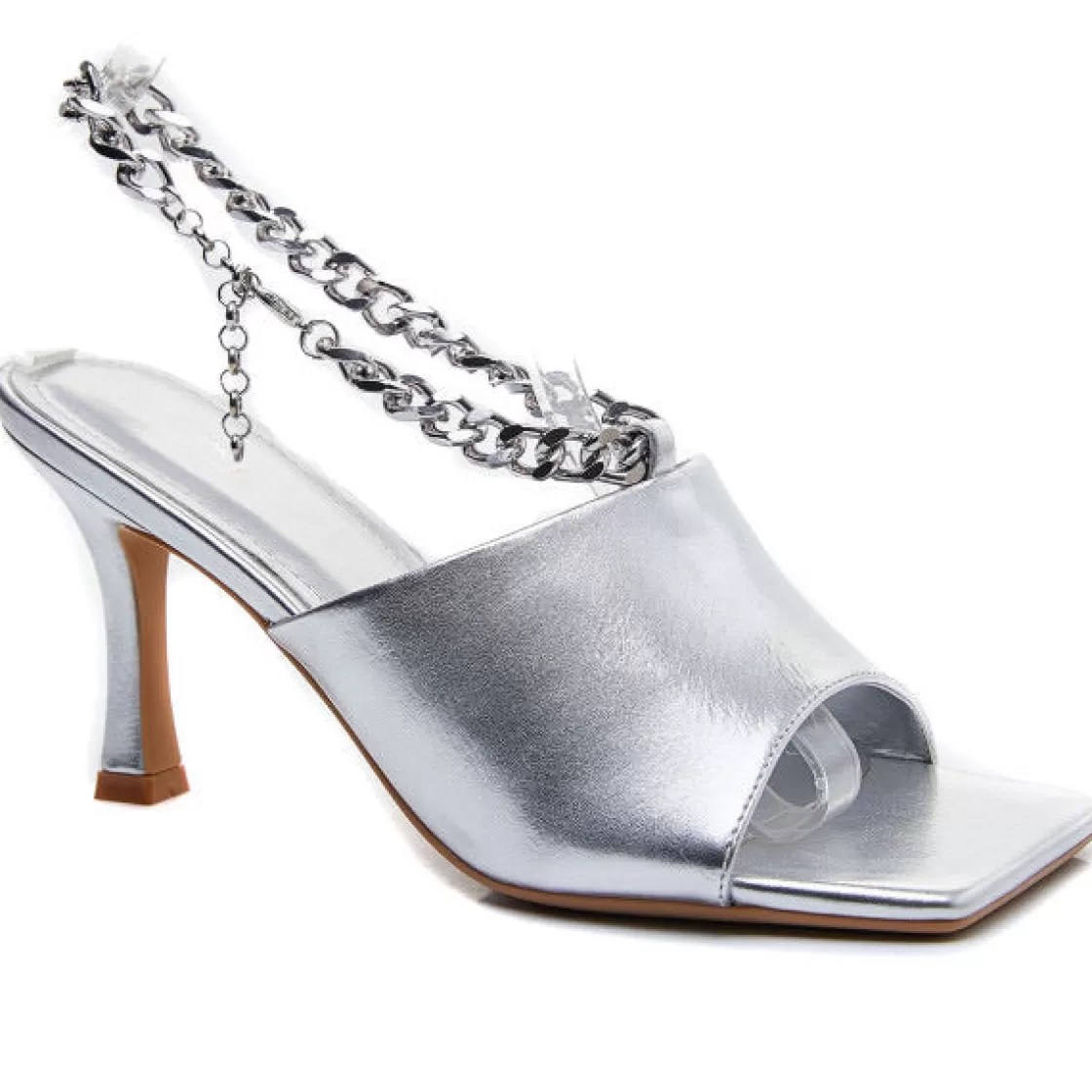 Sandals*BREE Metallic Chain Heeled Mules - Sandal Heels - Silver