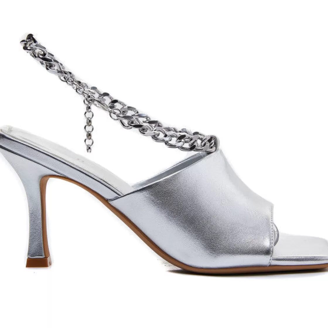 Sandals*BREE Metallic Chain Heeled Mules - Sandal Heels - Silver