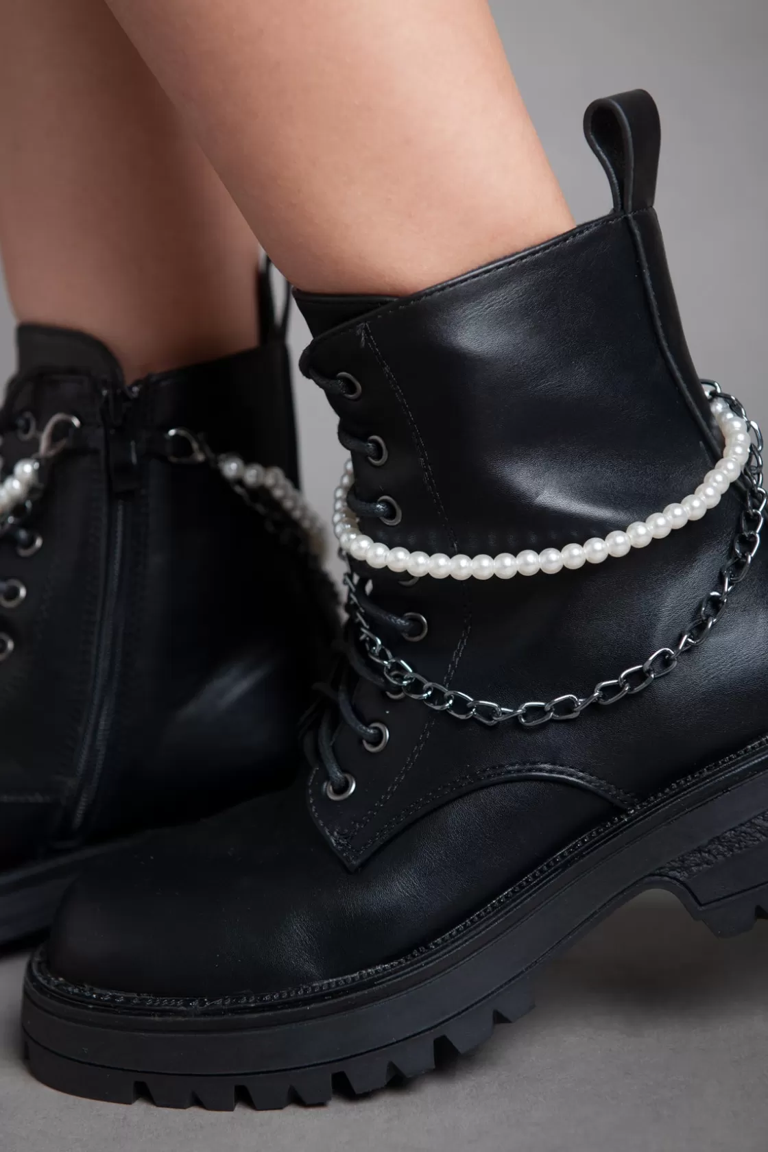 Boots*BREE Pearl Chain Matte Ankle Boot - Black