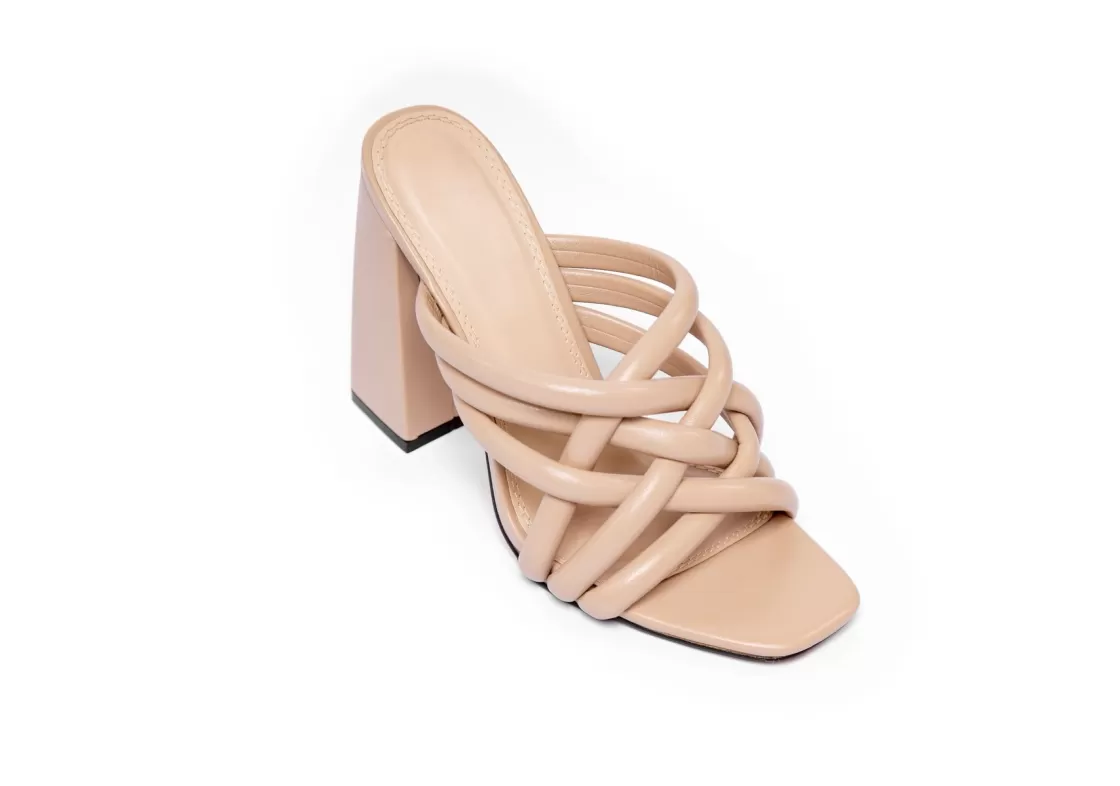 Sandals*BREE Strappy Chunky Heeled Mules - Sandal Heels - Beige