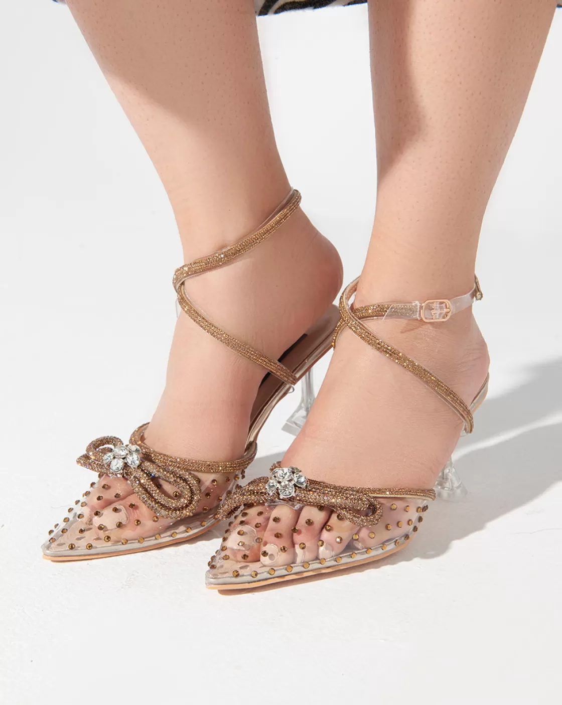 Sandals*BREE Strass Ribbon Ankle Strap - Sandals - Gold